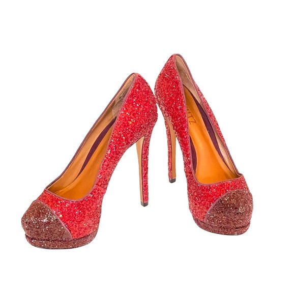 Schutz Stilletos Red Glitter Platform High Heels Lux Glam Party Shoes Size 5B - Picture 2 of 12